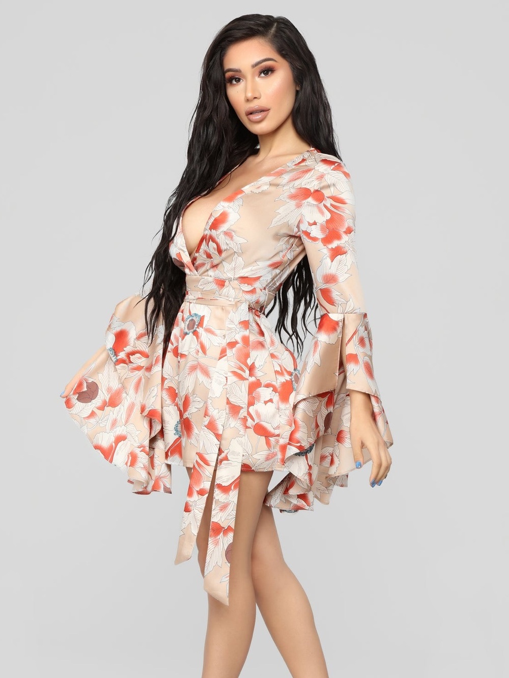 Fashion Nova Beige Romper with Red Floral Accents